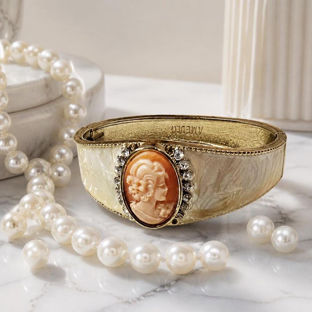 Amedeo NYC Cameo Rhinestone Hinged Bangle Bracelet Enamel Band